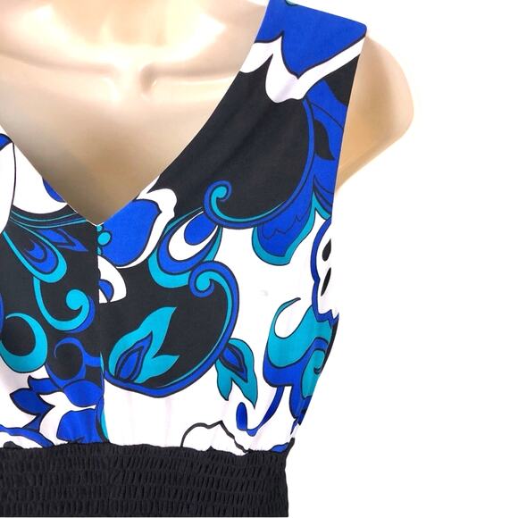 Rabbit Rabbit Rabbit Blue Floral Fit & Flare Dress Sleeveless Black Trim V Neck - Picture 13 of 16